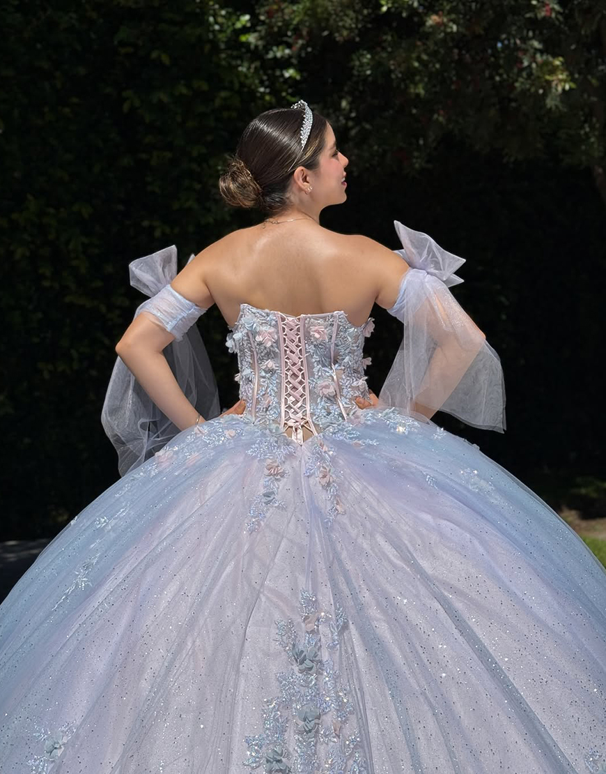 Sparkly Blue Sweetheart Ball Gown Corset Tulle Floral Quinceanera Dress with Appliques