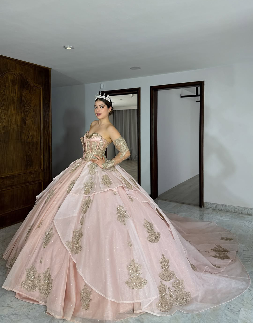 Sparkly Blush Sweetheart Corset Tulle Ball Gown Long Quinceanera Dress with Appliques