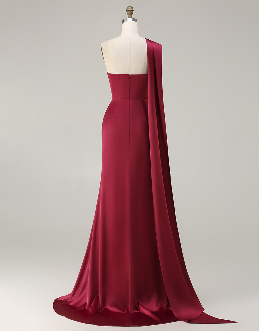 Burgundy Satin Ruched Neck Scarf Mermaid Long Prom Dress