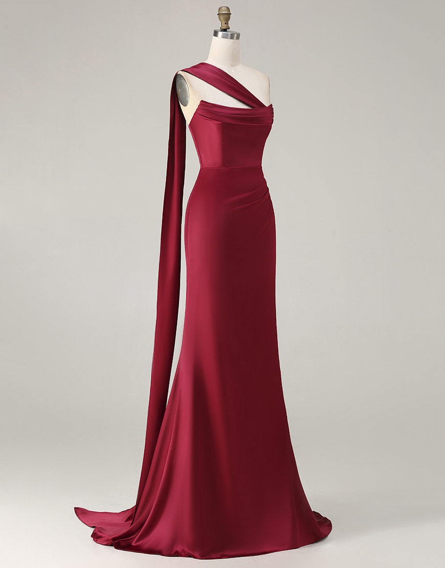 Burgundy Satin Ruched Neck Scarf Mermaid Long Prom Dress