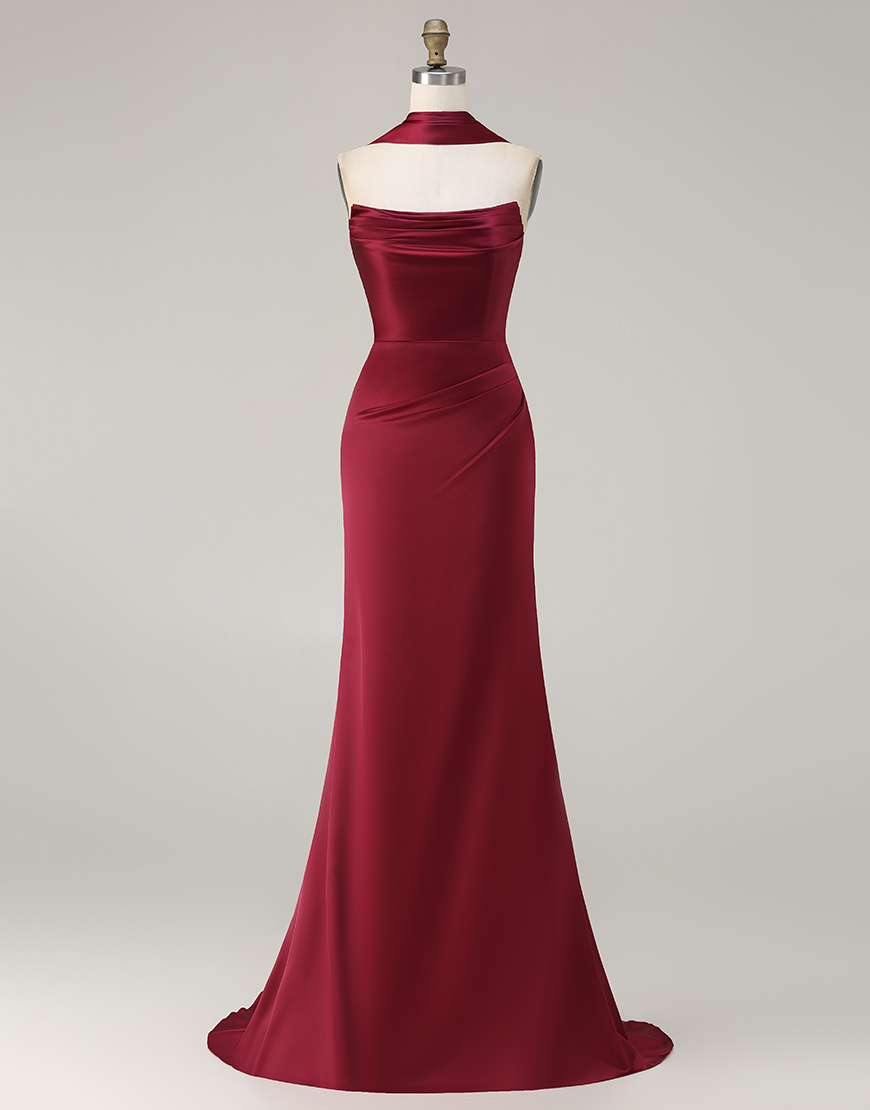 Burgundy Satin Ruched Neck Scarf Mermaid Long Prom Dress