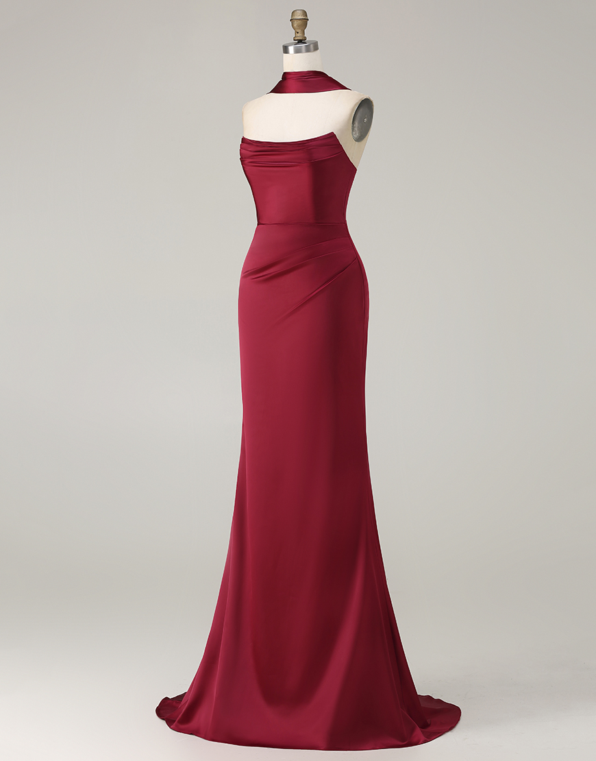 Burgundy Satin Ruched Neck Scarf Mermaid Long Prom Dress