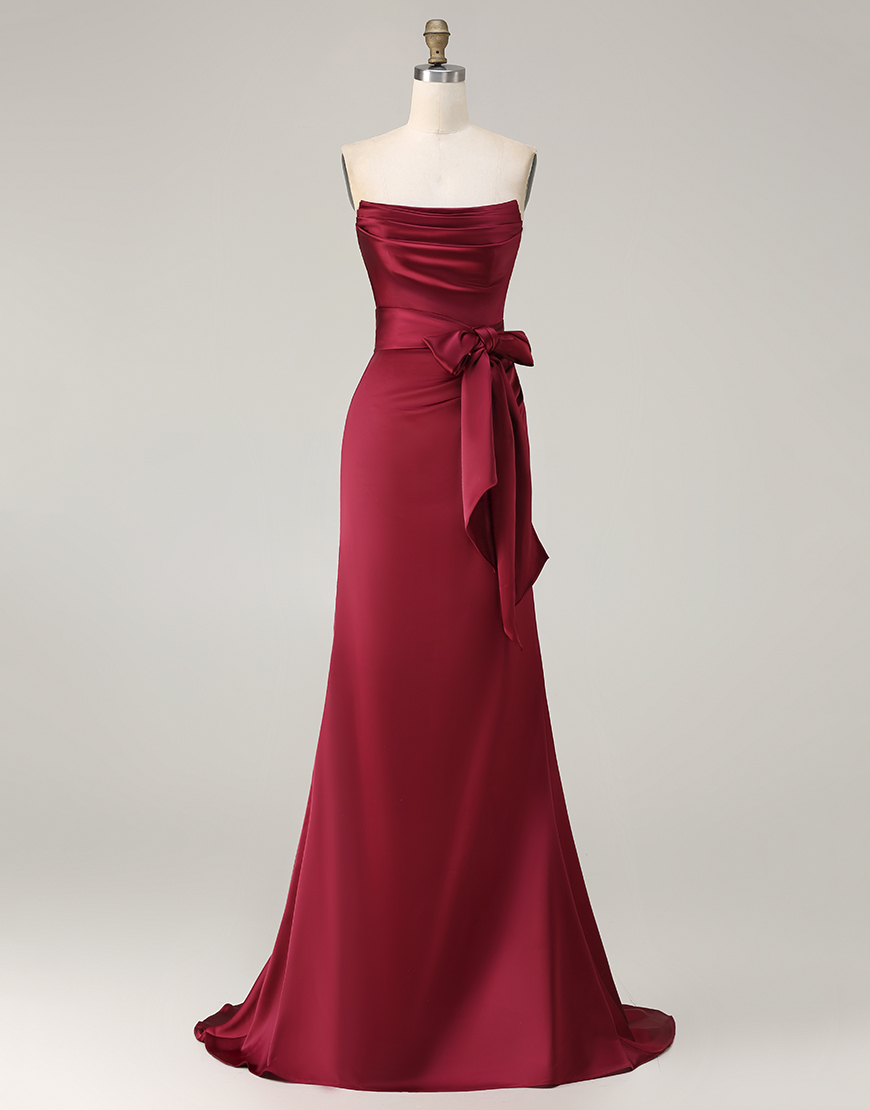 Burgundy Satin Ruched Neck Scarf Mermaid Long Prom Dress