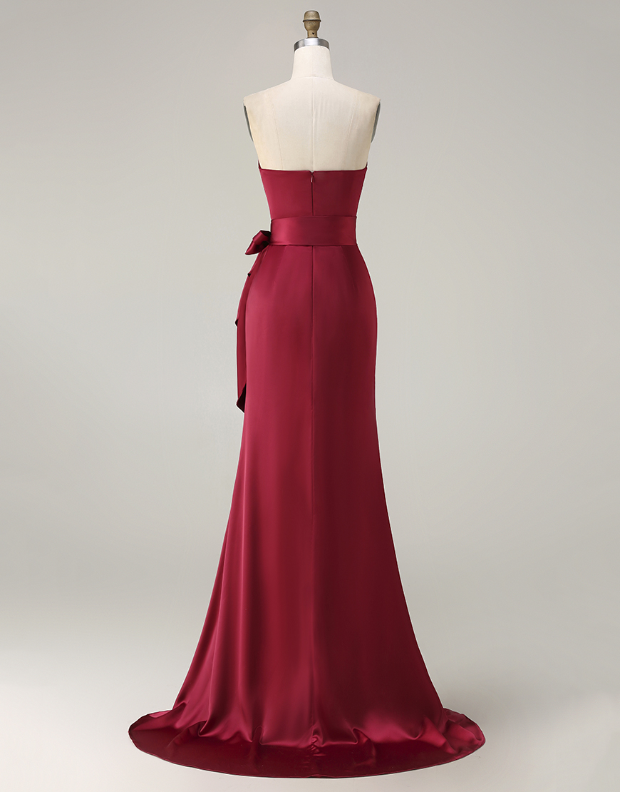 Burgundy Satin Ruched Neck Scarf Mermaid Long Prom Dress