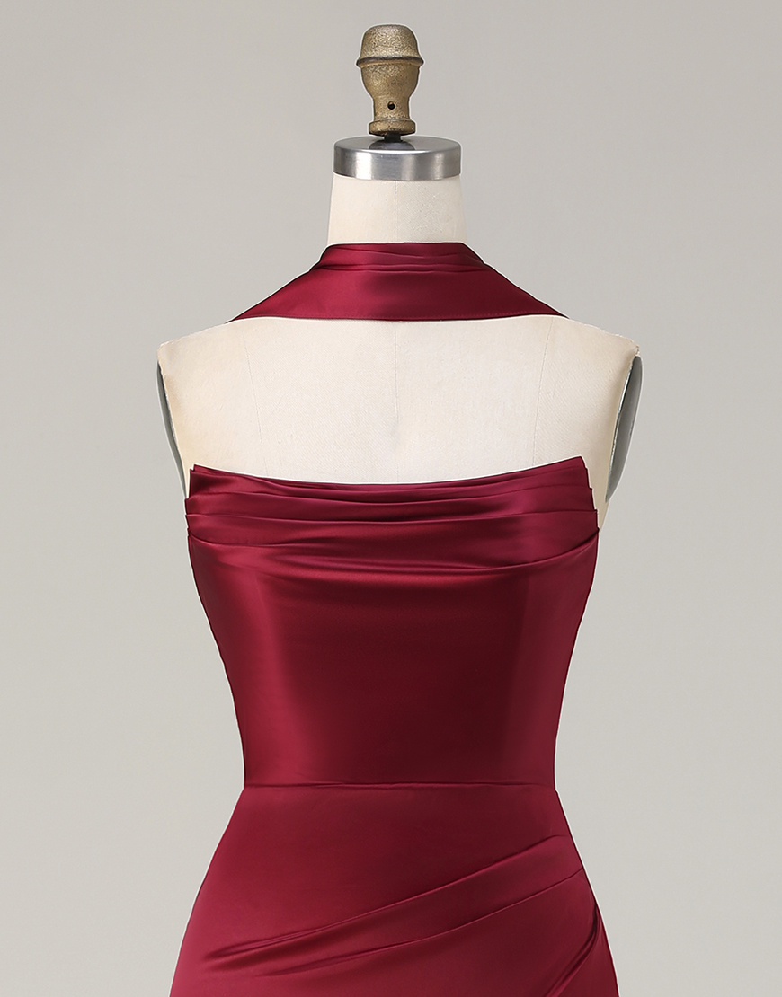 Burgundy Satin Ruched Neck Scarf Mermaid Long Prom Dress