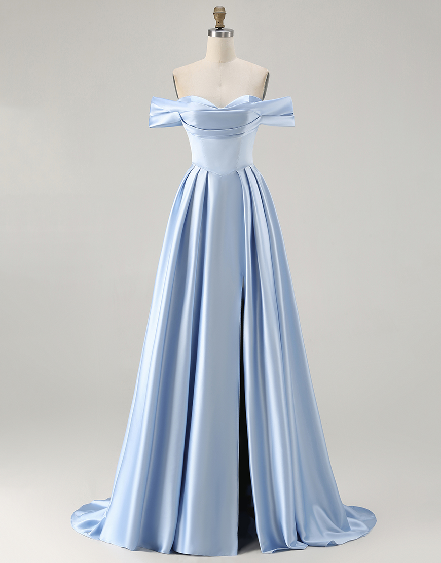 Blue Satin A Line Off the Shoulder Long Bridesmaid Dress with Slit