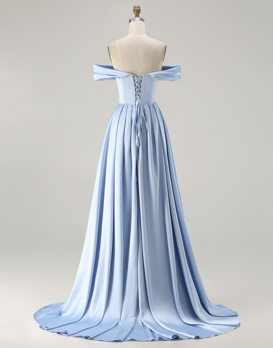 Blue Satin A Line Off the Shoulder Long Bridesmaid Dress with Slit
