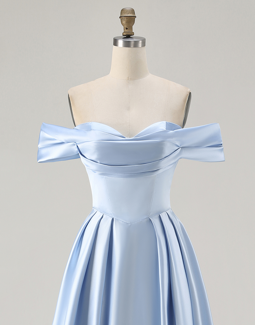 Blue Satin A Line Off the Shoulder Long Bridesmaid Dress with Slit