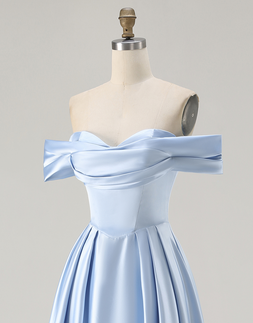 Blue Satin A Line Off the Shoulder Long Bridesmaid Dress with Slit