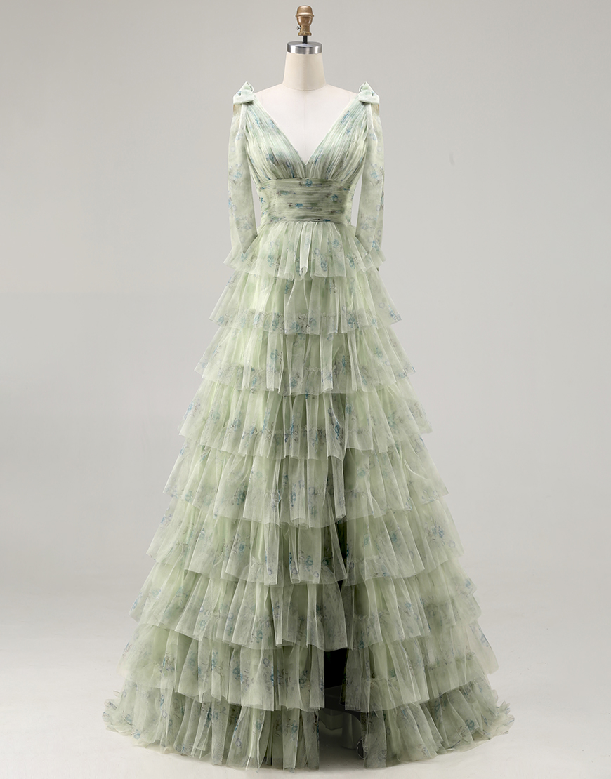 Green Floral Tulle A Line Ruffled Long Prom Dress with Slit