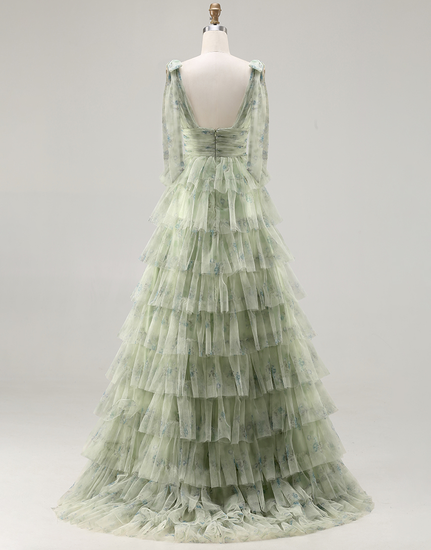 Green Floral Tulle A Line Ruffled Long Prom Dress with Slit
