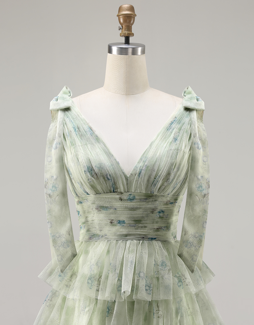 Green Floral Tulle A Line Ruffled Long Prom Dress with Slit