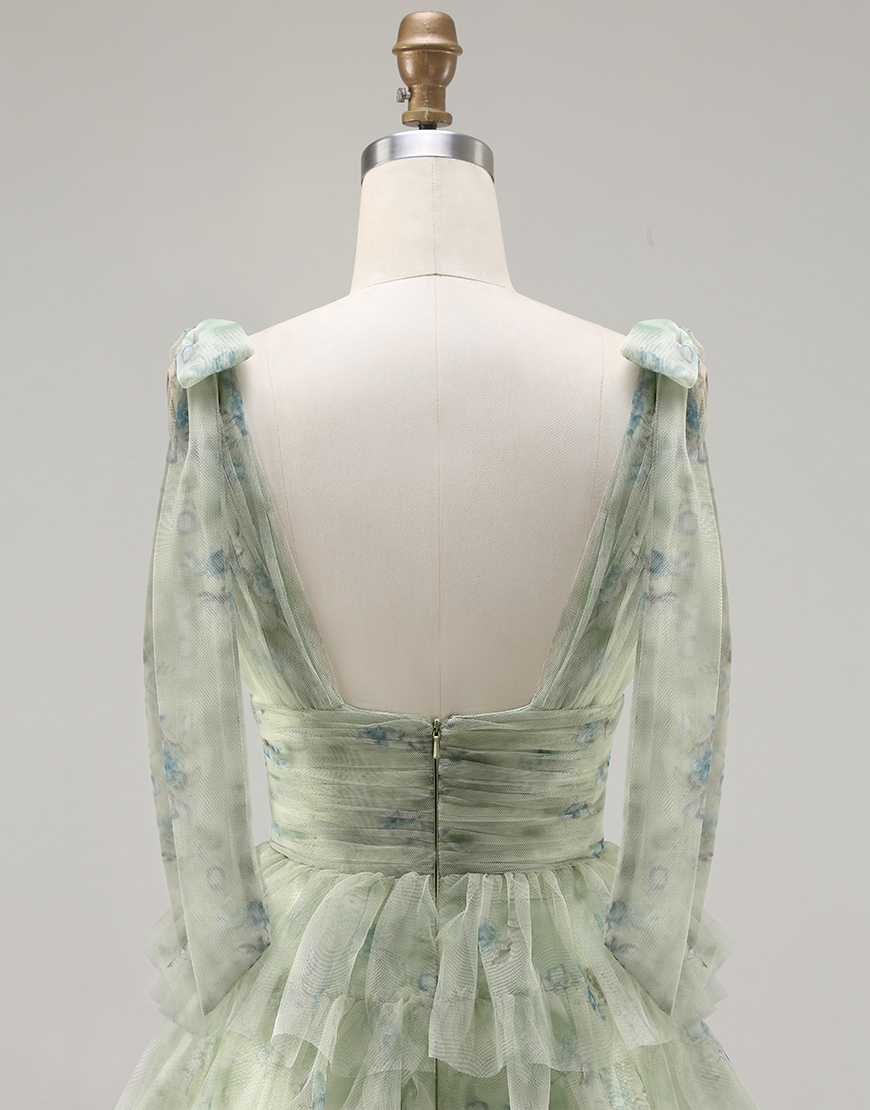 Green Floral Tulle A Line Ruffled Long Prom Dress with Slit