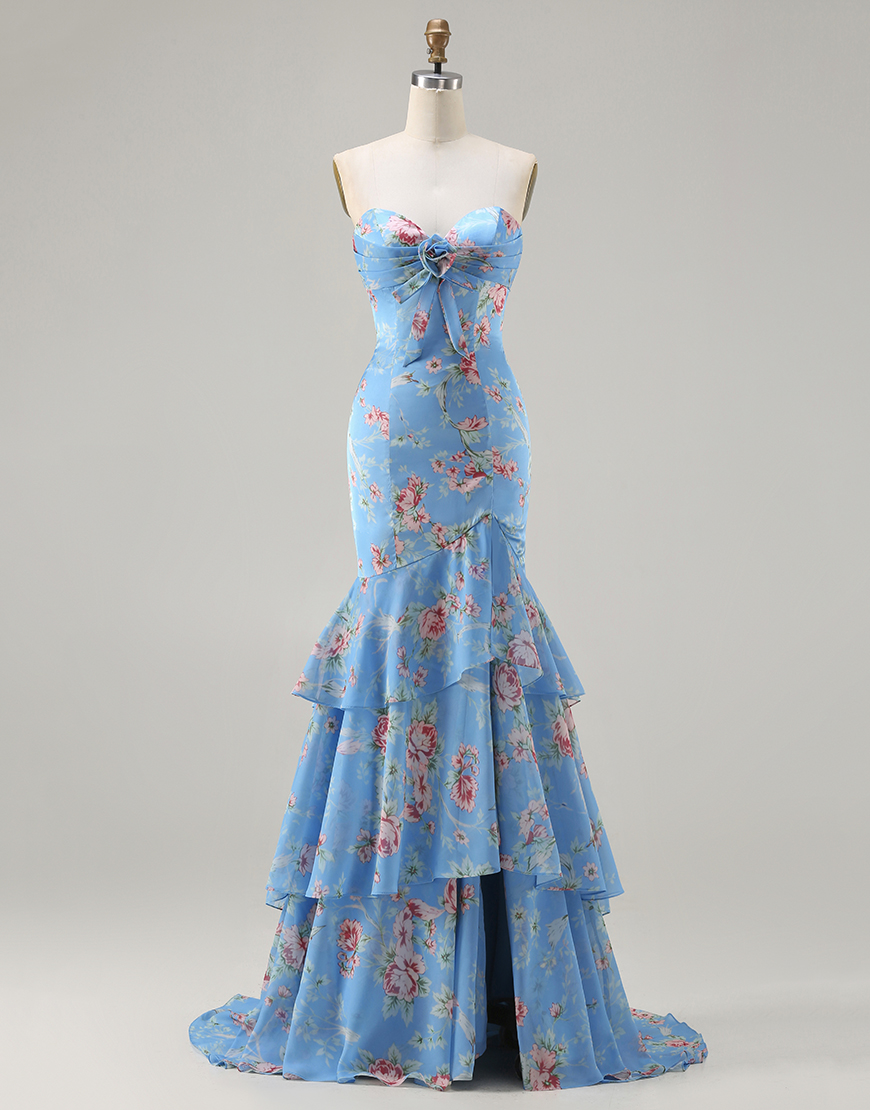 Blue Pink Floral Sweetheart Mermaid Long Prom Dress with Ruffles