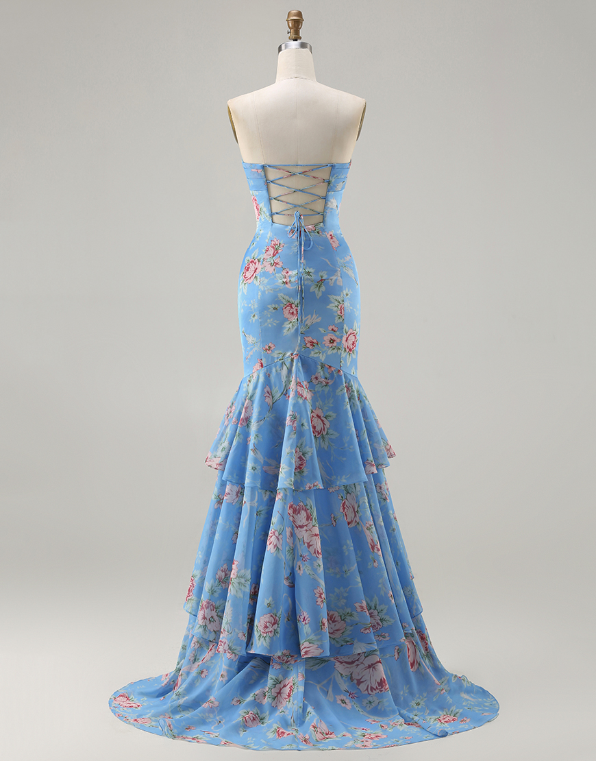 Blue Pink Floral Sweetheart Mermaid Long Prom Dress with Ruffles