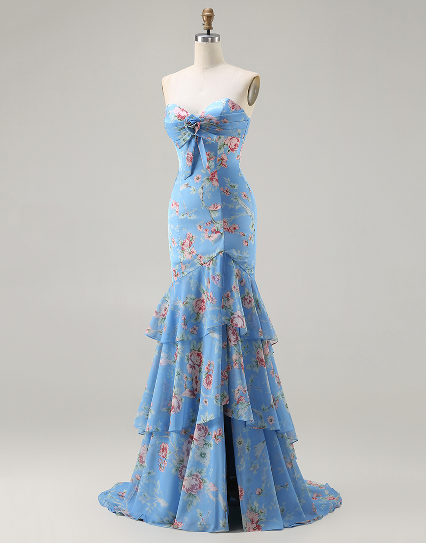 Blue Pink Floral Sweetheart Mermaid Long Prom Dress with Ruffles