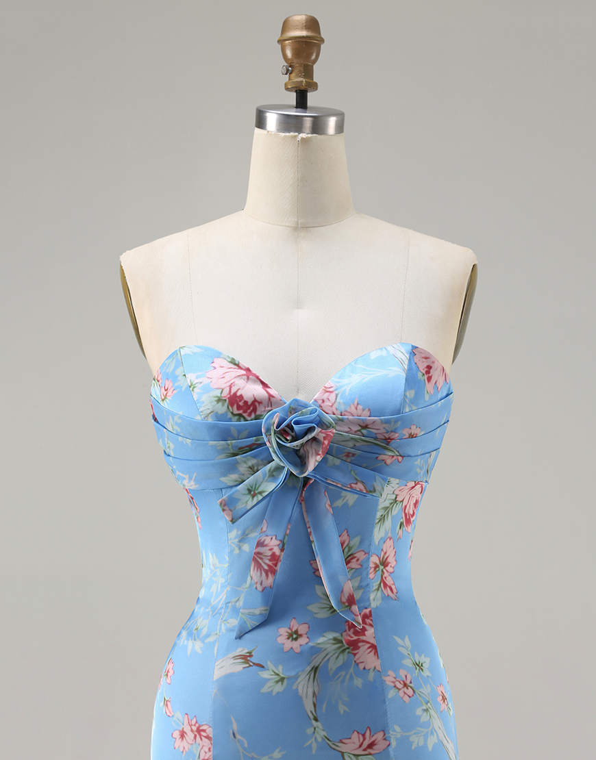 Blue Pink Floral Sweetheart Mermaid Long Prom Dress with Ruffles