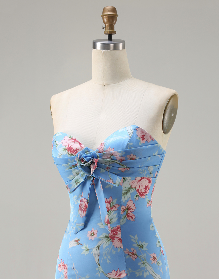 Blue Pink Floral Sweetheart Mermaid Long Prom Dress with Ruffles