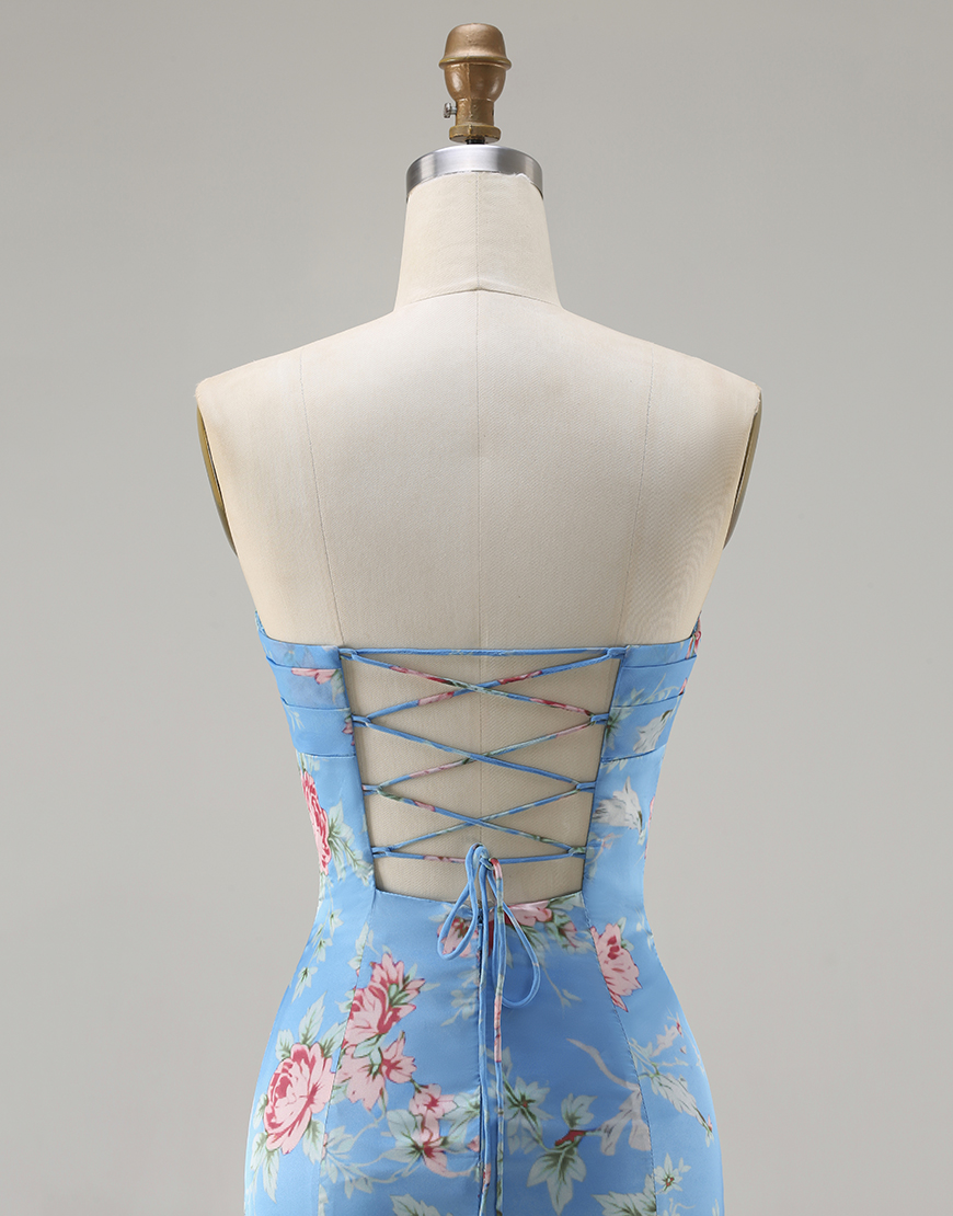 Blue Pink Floral Sweetheart Mermaid Long Prom Dress with Ruffles