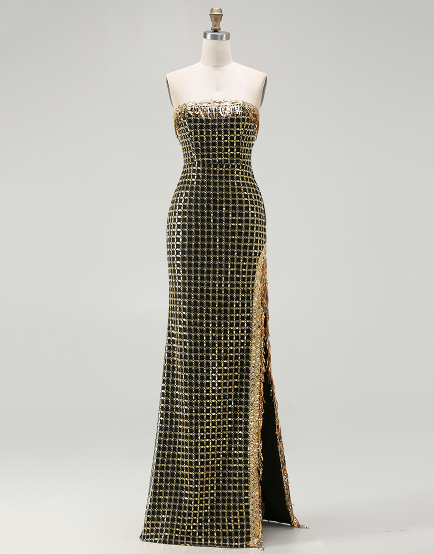 Sparkly Black and Golden Beaded Strapless Long Prom Dress with Slit