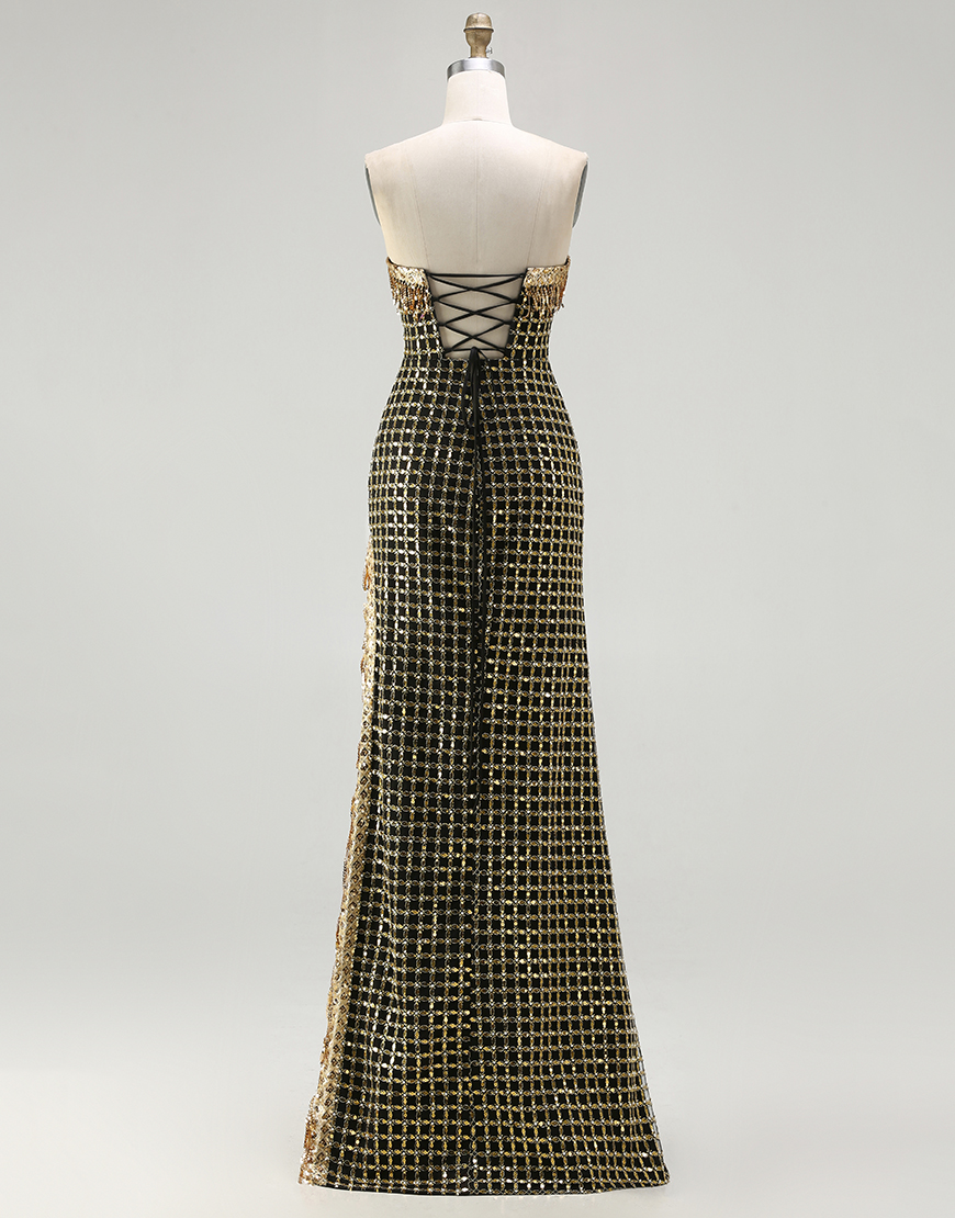 Sparkly Black and Golden Beaded Strapless Long Prom Dress with Slit