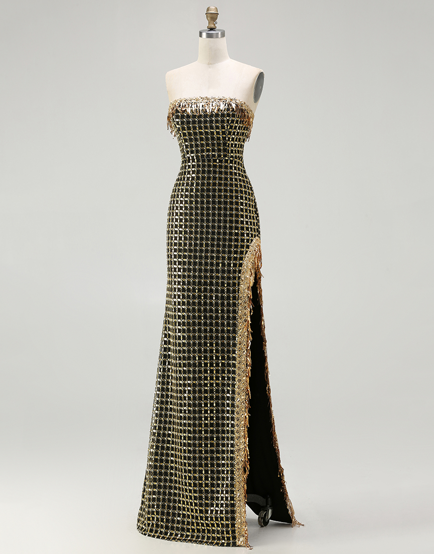 Sparkly Black and Golden Beaded Strapless Long Prom Dress with Slit