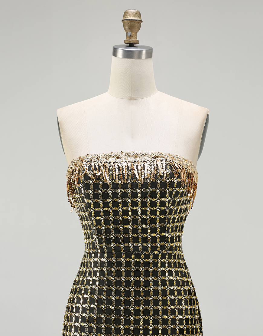 Sparkly Black and Golden Beaded Strapless Long Prom Dress with Slit