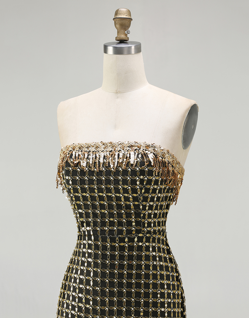 Sparkly Black and Golden Beaded Strapless Long Prom Dress with Slit