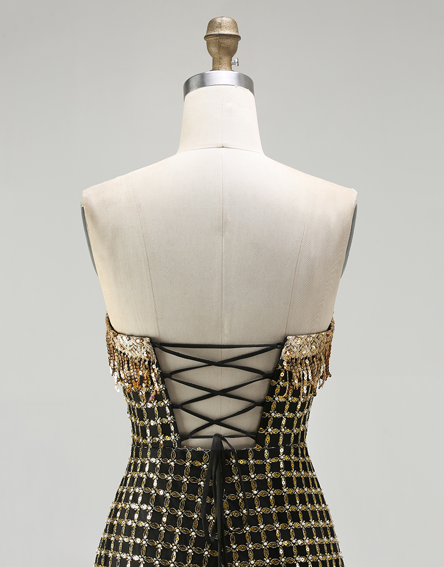 Sparkly Black and Golden Beaded Strapless Long Prom Dress with Slit