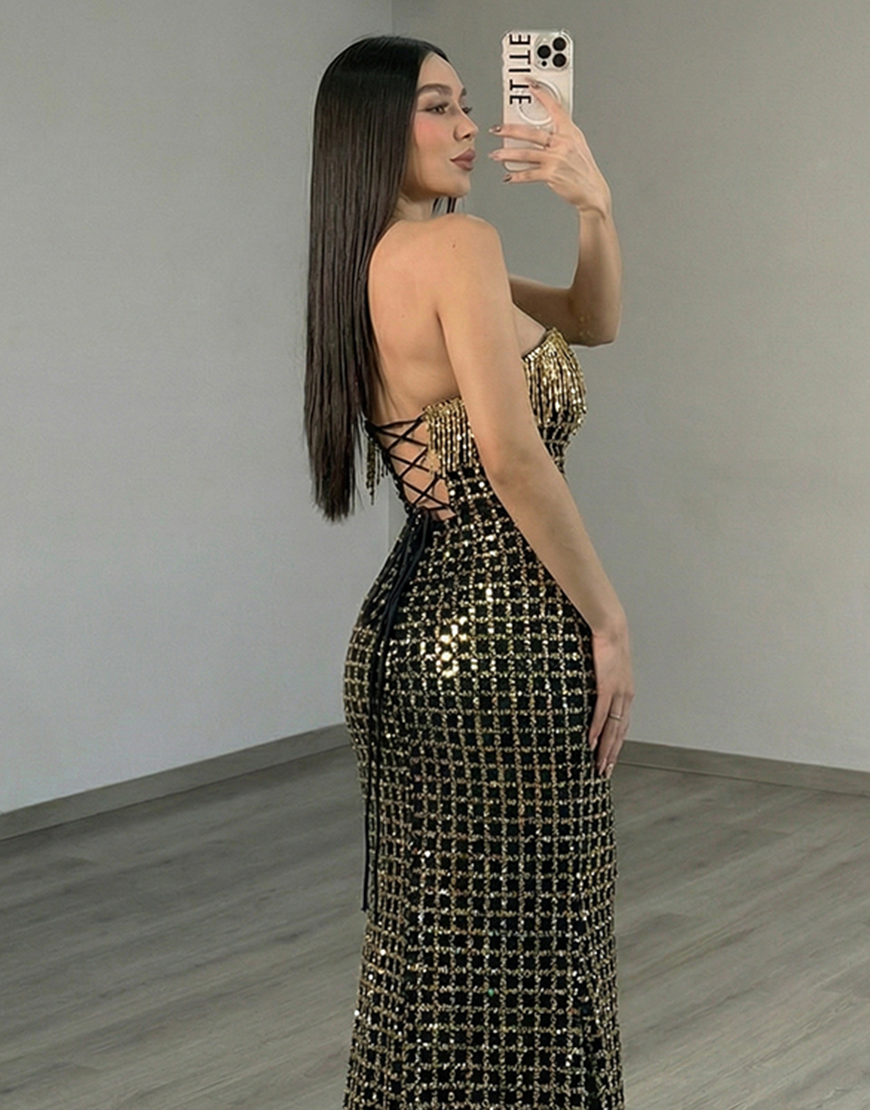 Sparkly Black Golden Fringed Mermaid Beaded Strapless Long Prom Dress with Slit