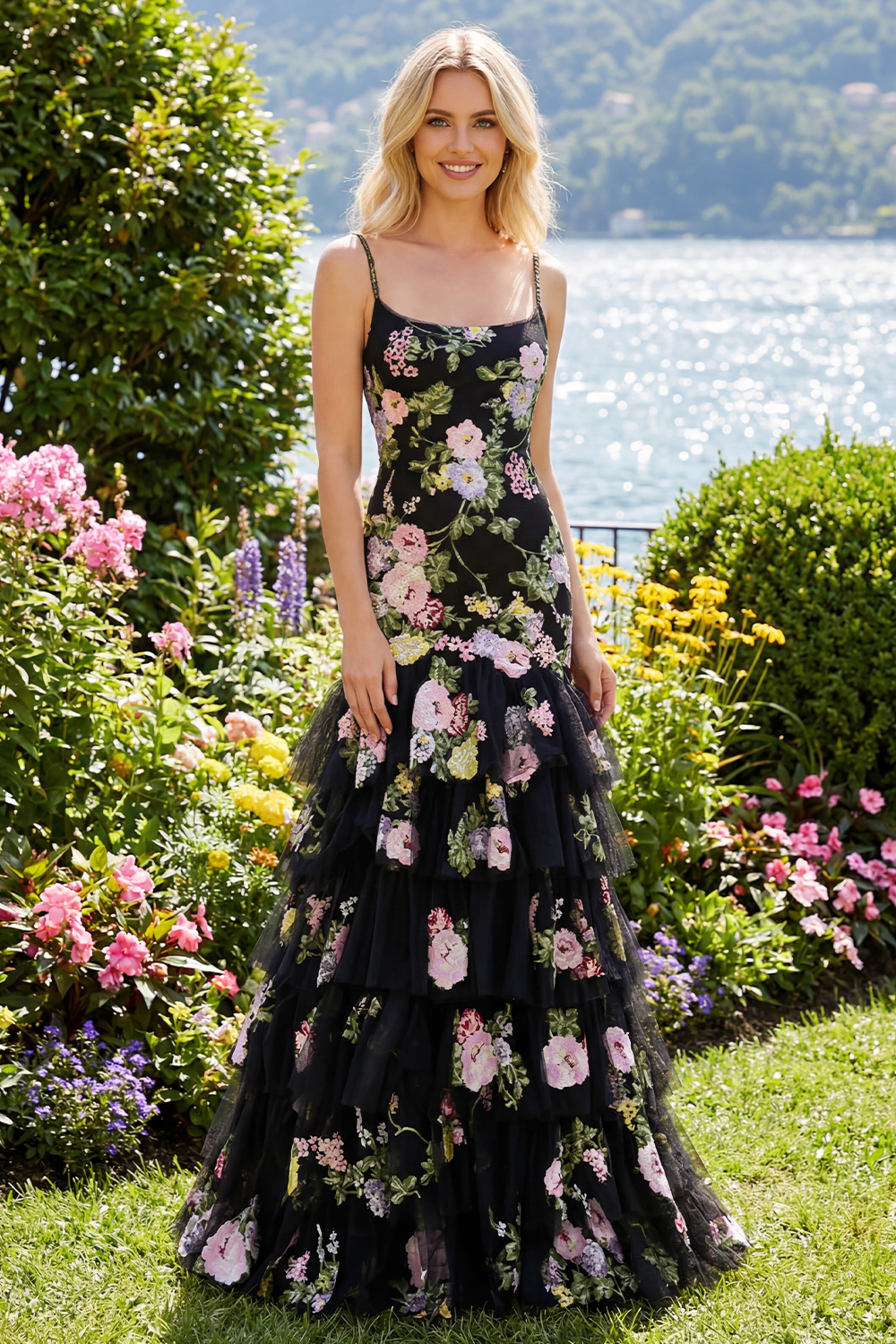 Black Pink Flower Mermaid Ruffled Spaghetti Straps Long Prom Dress
