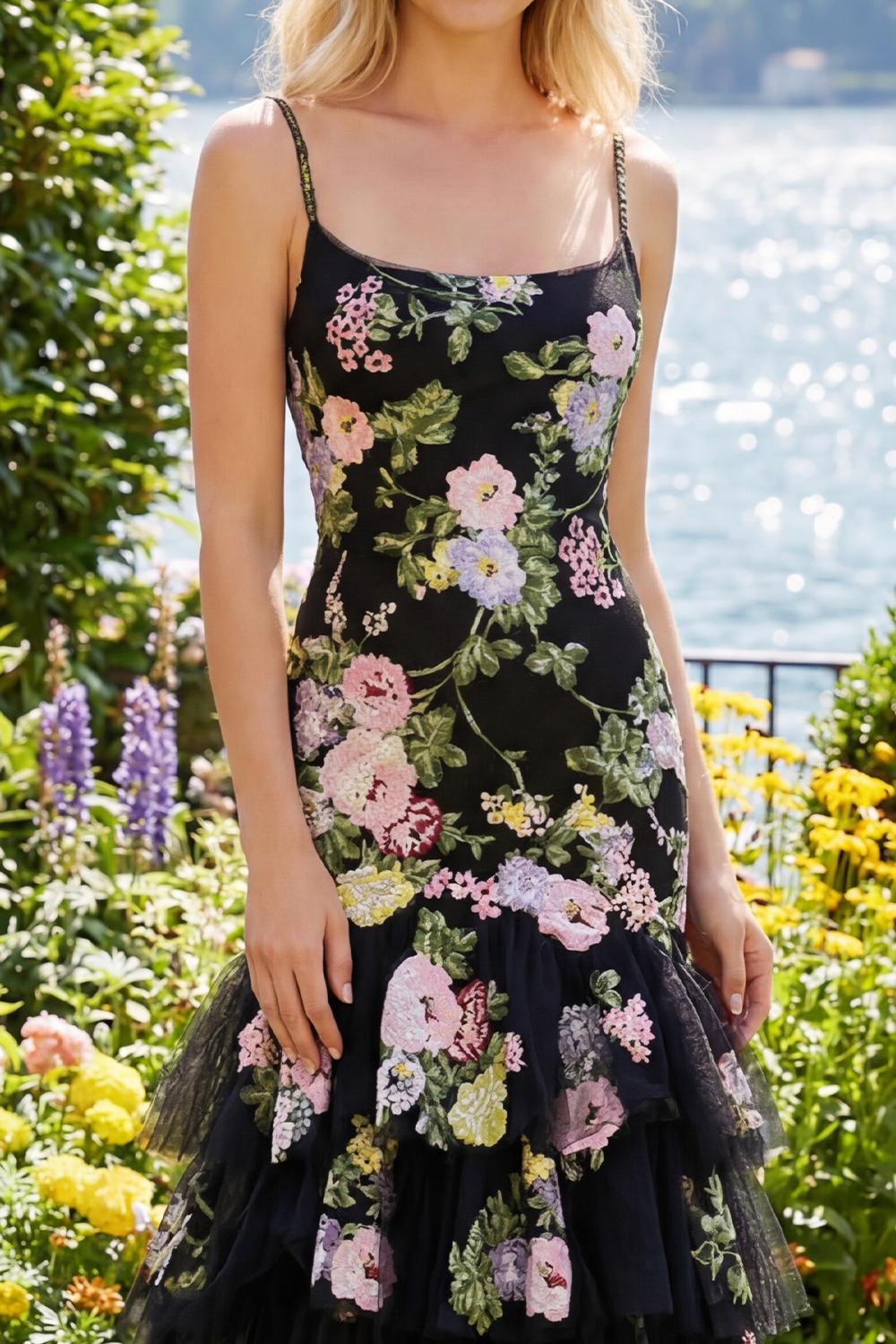 Black Pink Flower Mermaid Ruffled Spaghetti Straps Long Prom Dress