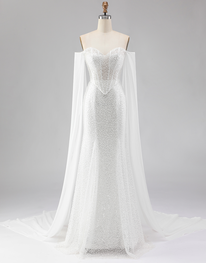 Sparkly White Beaded Mermaid Corset Off the Shoulder Long Prom Dress