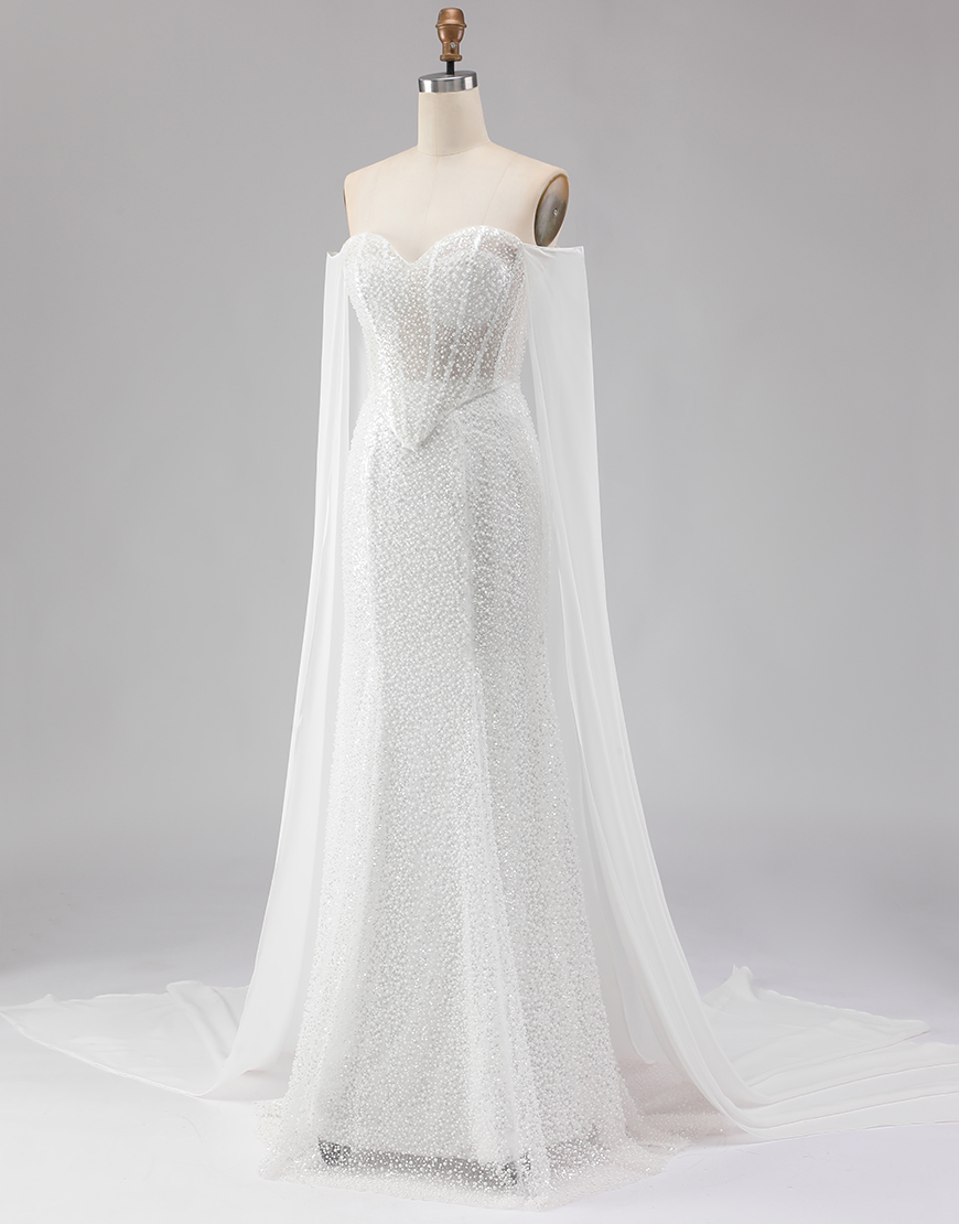 Sparkly White Beaded Mermaid Corset Off the Shoulder Long Prom Dress