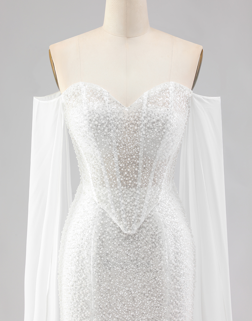 Sparkly White Beaded Mermaid Corset Off the Shoulder Long Prom Dress