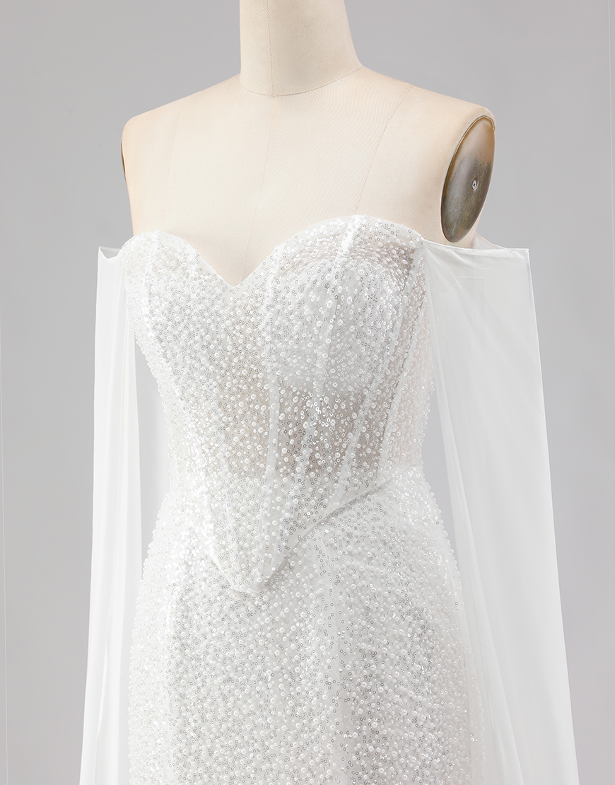 Sparkly White Beaded Mermaid Corset Off the Shoulder Long Prom Dress