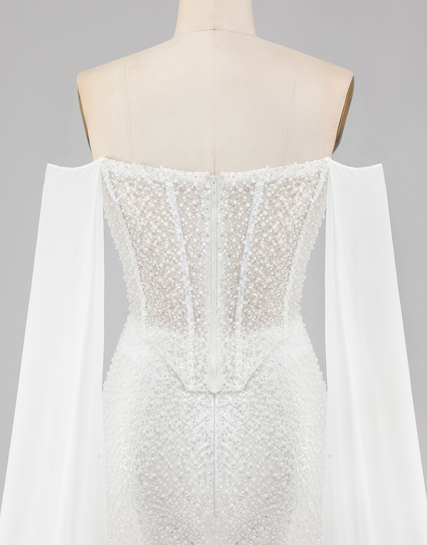 Sparkly White Beaded Mermaid Corset Off the Shoulder Long Prom Dress