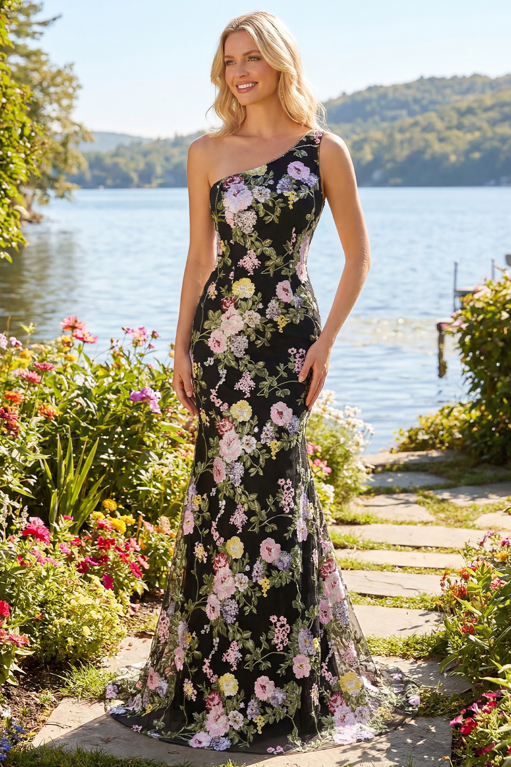 Black Pink Flower Mermaid One Shoulder Long Prom Dress