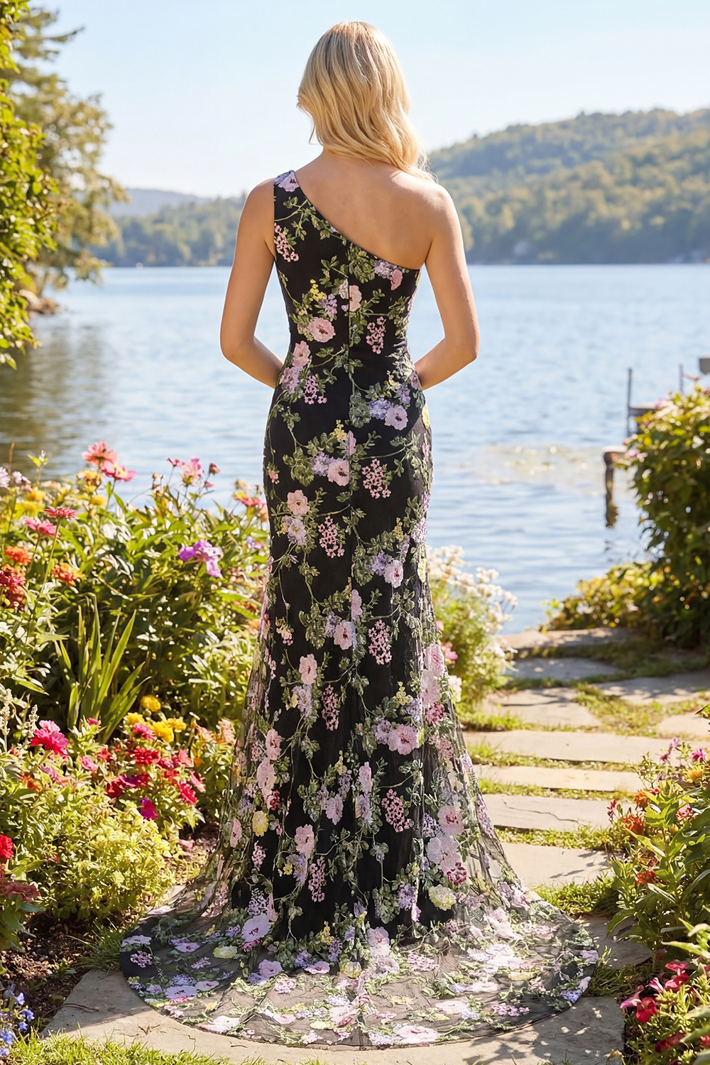 Black Pink Flower Mermaid One Shoulder Long Prom Dress