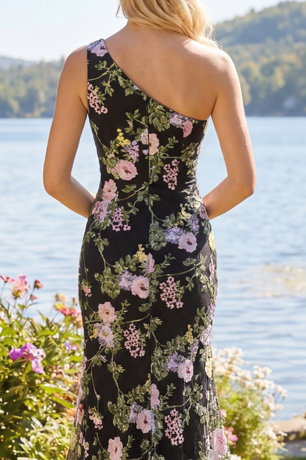 Black Pink Flower Mermaid One Shoulder Long Prom Dress