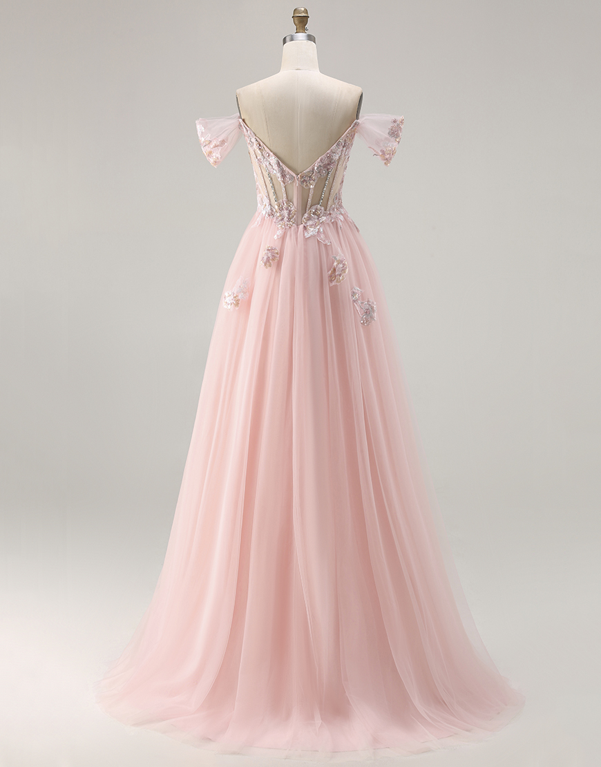 Sparkly Floral Pink A Line Corset Tulle Long Prom Dress with Beading