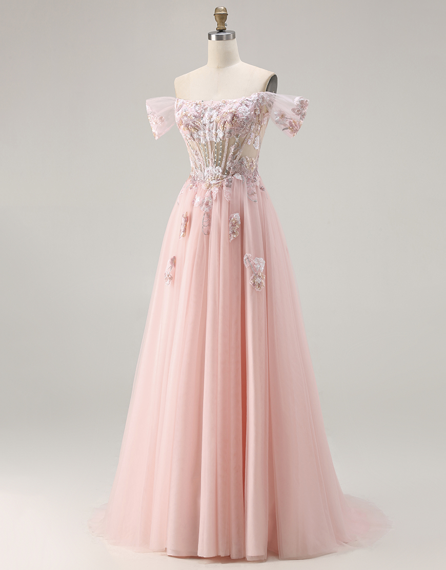 Sparkly Floral Pink A Line Corset Tulle Long Prom Dress with Beading