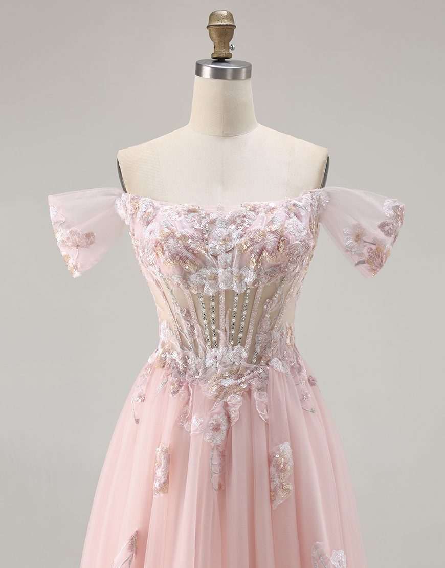 Sparkly Floral Pink A Line Corset Tulle Long Prom Dress with Beading