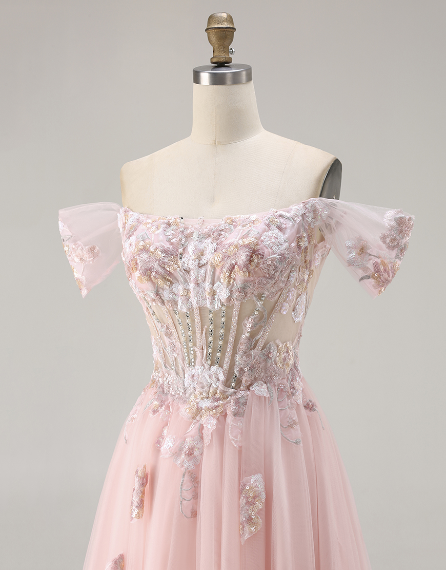 Sparkly Floral Pink A Line Corset Tulle Long Prom Dress with Beading