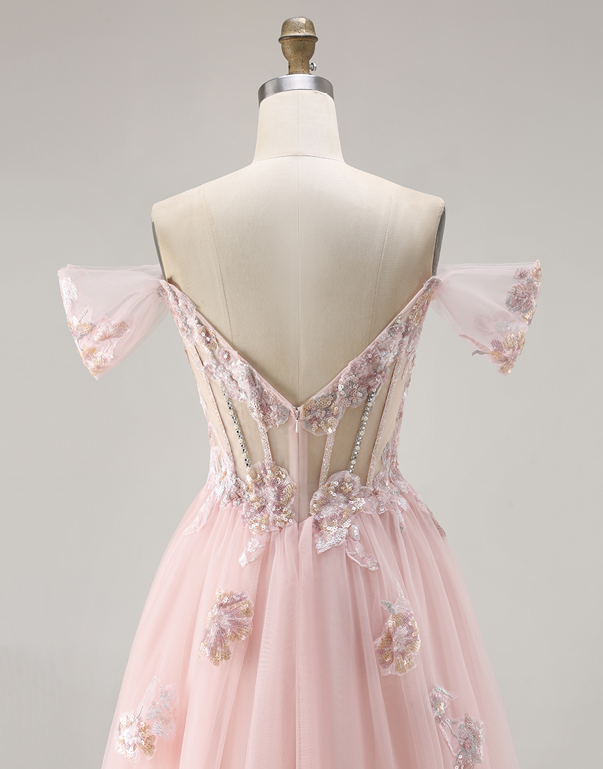 Sparkly Floral Pink A Line Corset Tulle Long Prom Dress with Beading