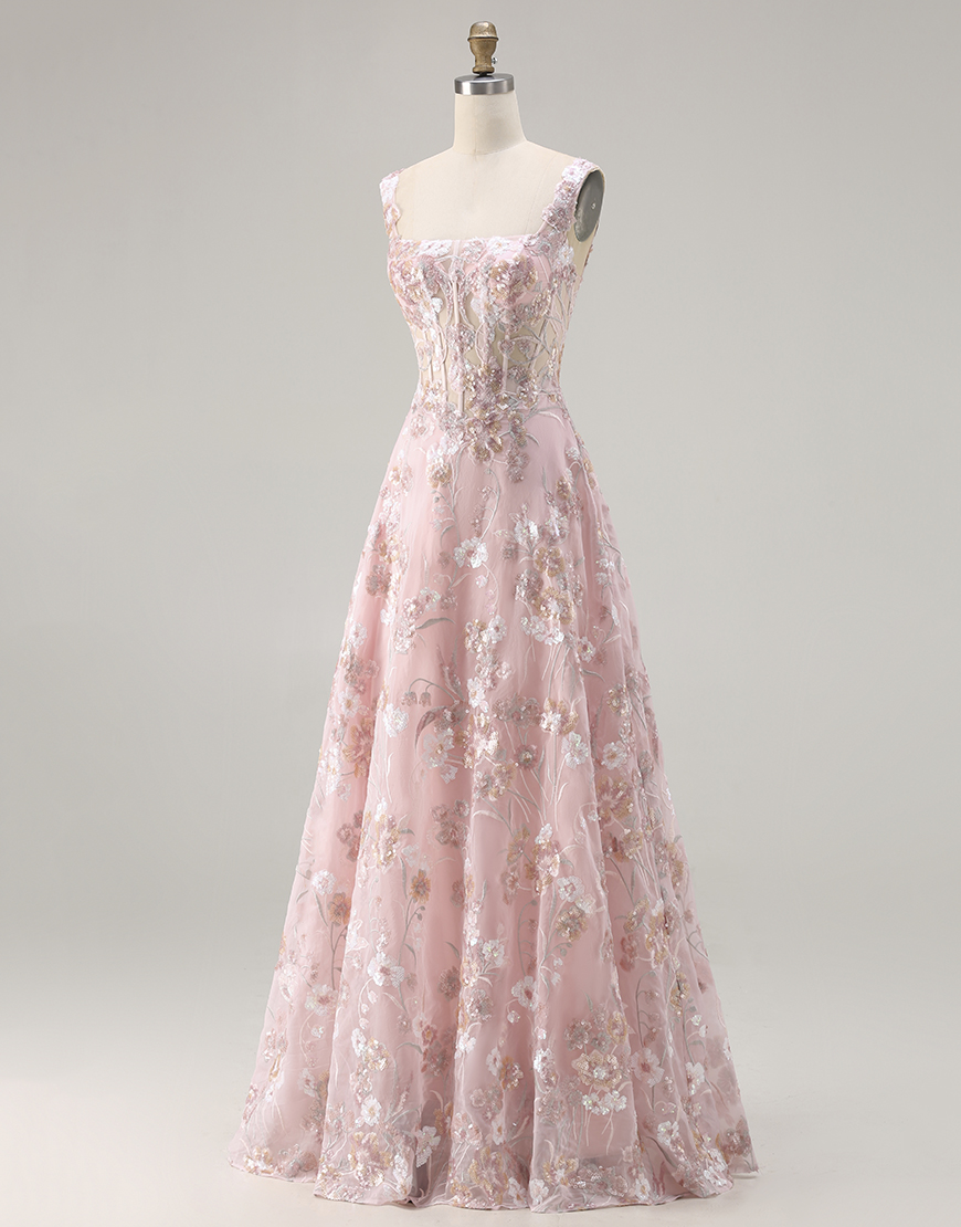 Sparkly Floral Pink Corset A Line Long Prom Dress with Sequin