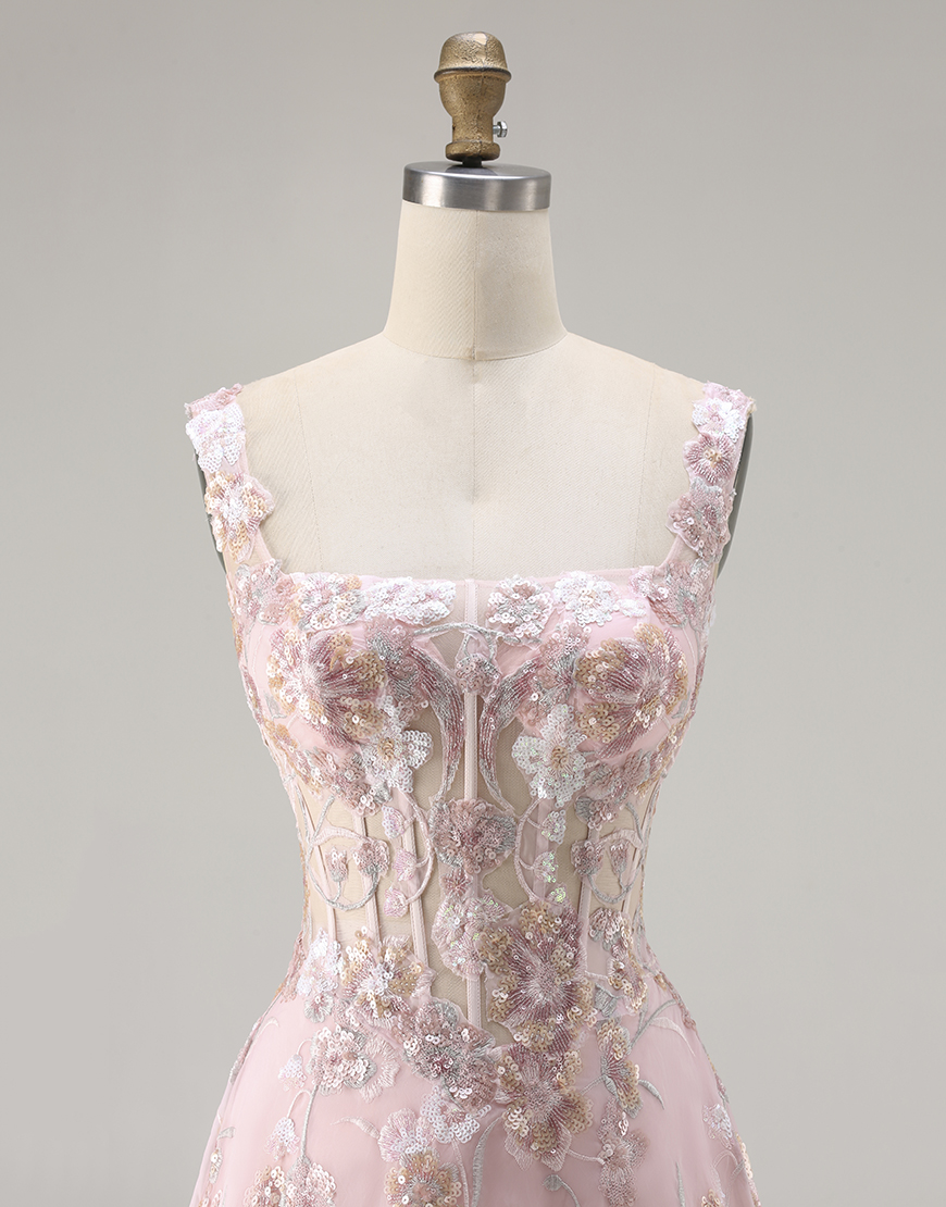 Sparkly Floral Pink Corset A Line Long Prom Dress with Sequin