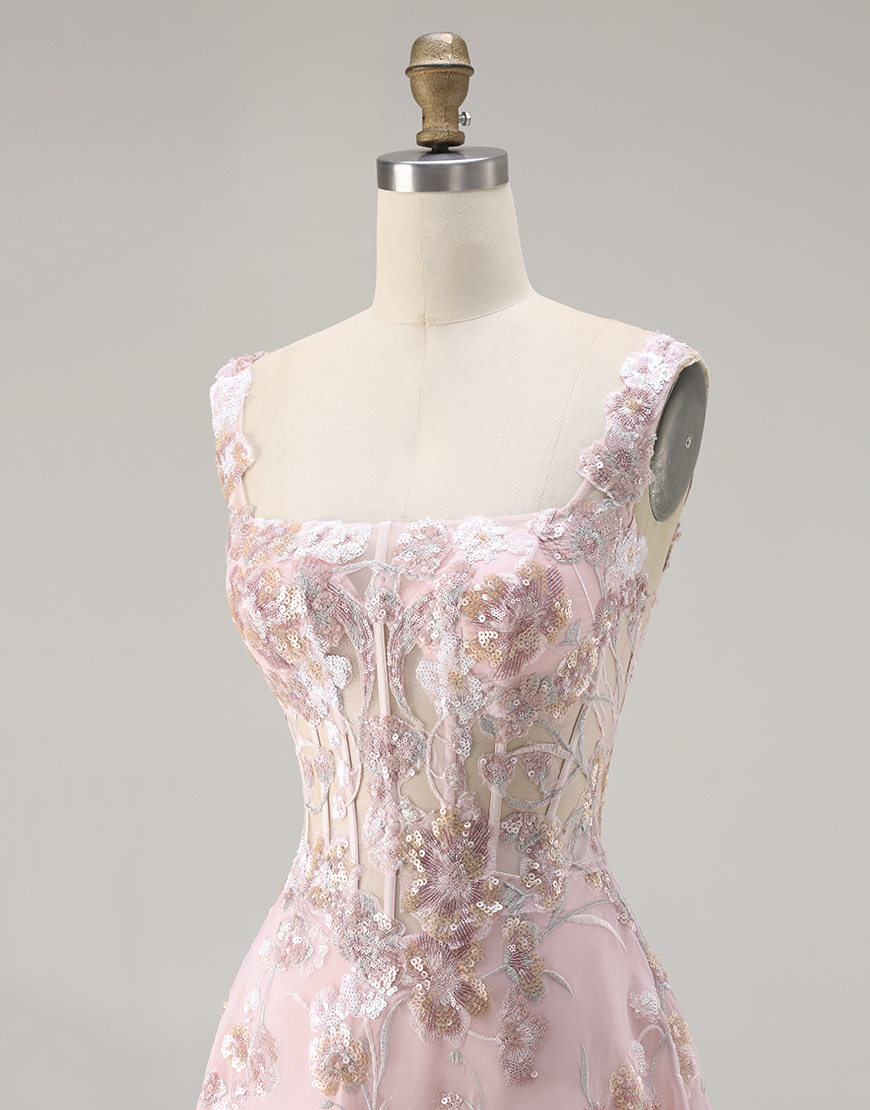 Sparkly Floral Pink Corset A Line Long Prom Dress with Sequin