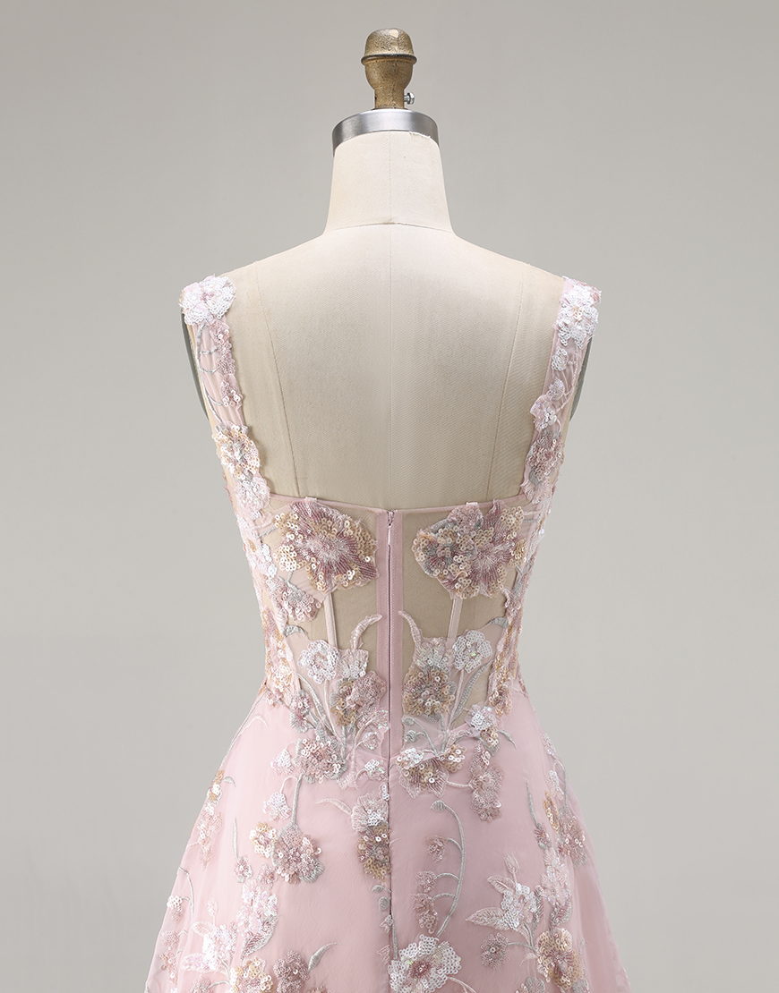 Sparkly Floral Pink Corset A Line Long Prom Dress with Sequin