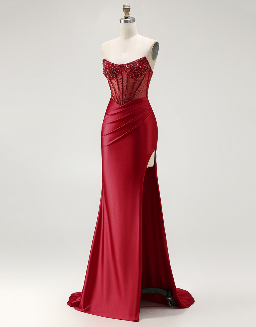 Sparkly Red Satin Beaded Mermaid Corset Long Prom Dress with Slit
